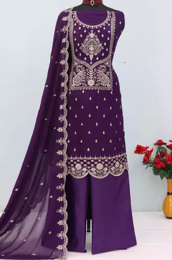 purple wedding wear embroidered crush silk salwar suit semi stitched