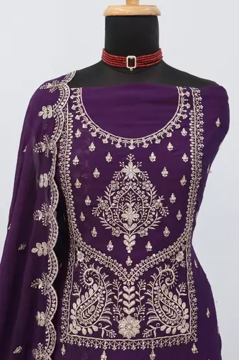 purple wedding wear embroidered crush silk salwar suit semi stitched