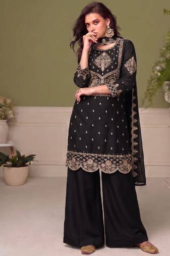 Traditional black crush silk salwar suit for women wedding wear