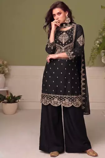 Traditional black crush silk salwar suit for women wedding wear