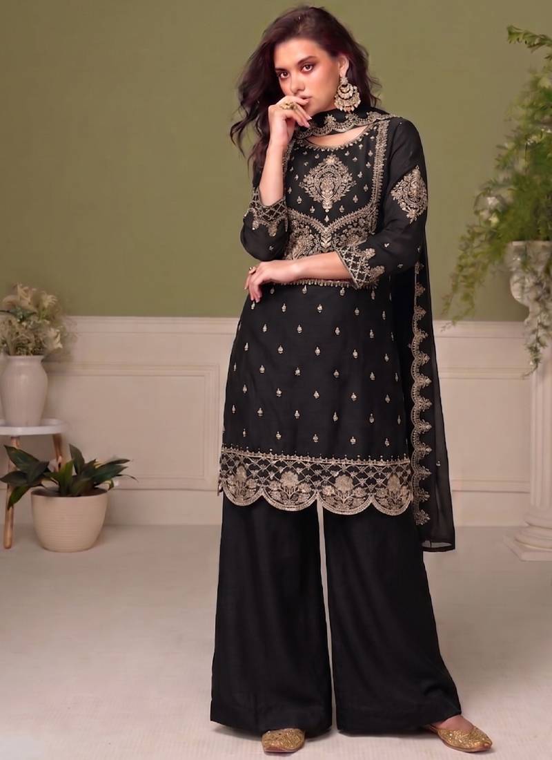 Traditional black crush silk salwar suit for women wedding wear