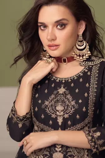 black wedding wear embroidered crush silk salwar suit semi stitched