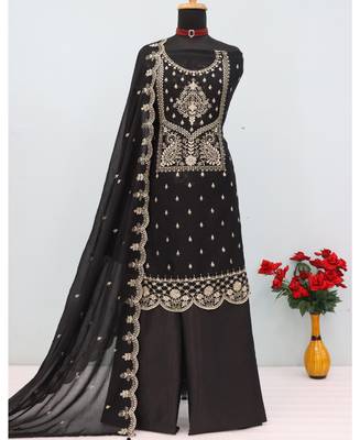 black wedding wear embroidered crush silk salwar suit semi stitched 3