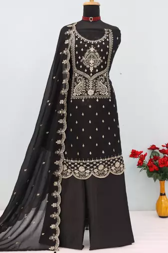 black wedding wear embroidered crush silk salwar suit semi stitched