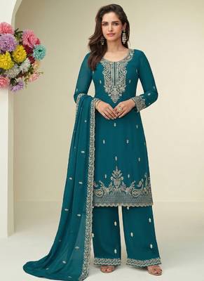 aqua blue georgette heavy embroidered fancy suit for women semi stitched 1