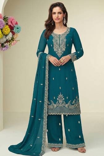 Aqua blue georgette fancy suit for women heavy embroidery