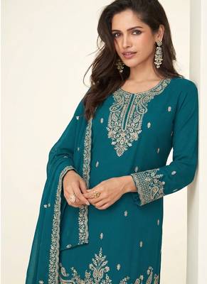 aqua blue georgette heavy embroidered fancy suit for women semi stitched 2
