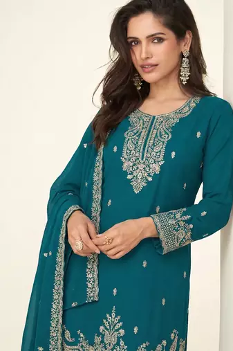 aqua blue georgette heavy embroidered fancy suit for women semi stitched