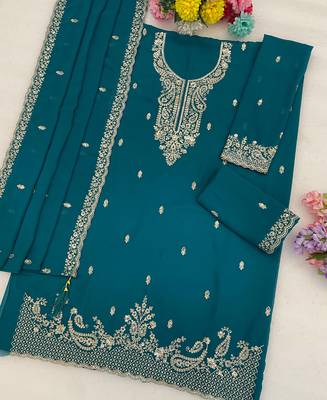 aqua blue georgette heavy embroidered fancy suit for women semi stitched 3