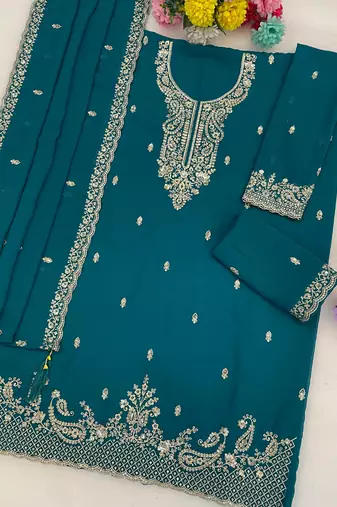 aqua blue georgette heavy embroidered fancy suit for women semi stitched