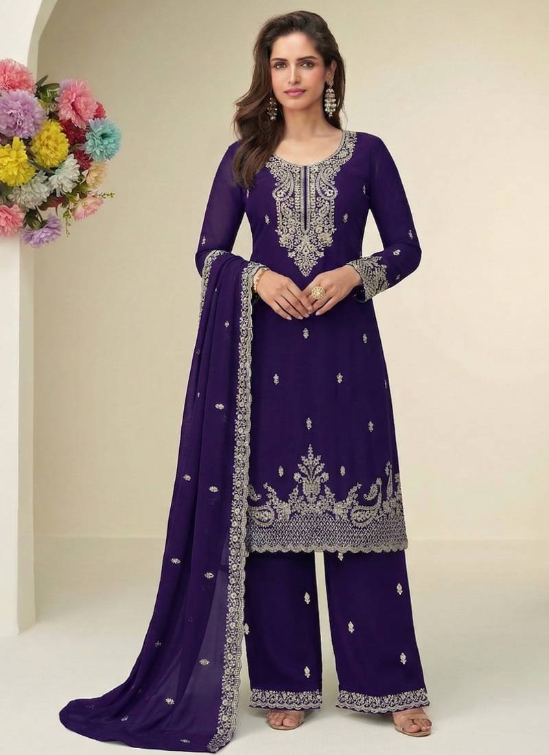 Purple georgette fancy suit for women heavy embroidery