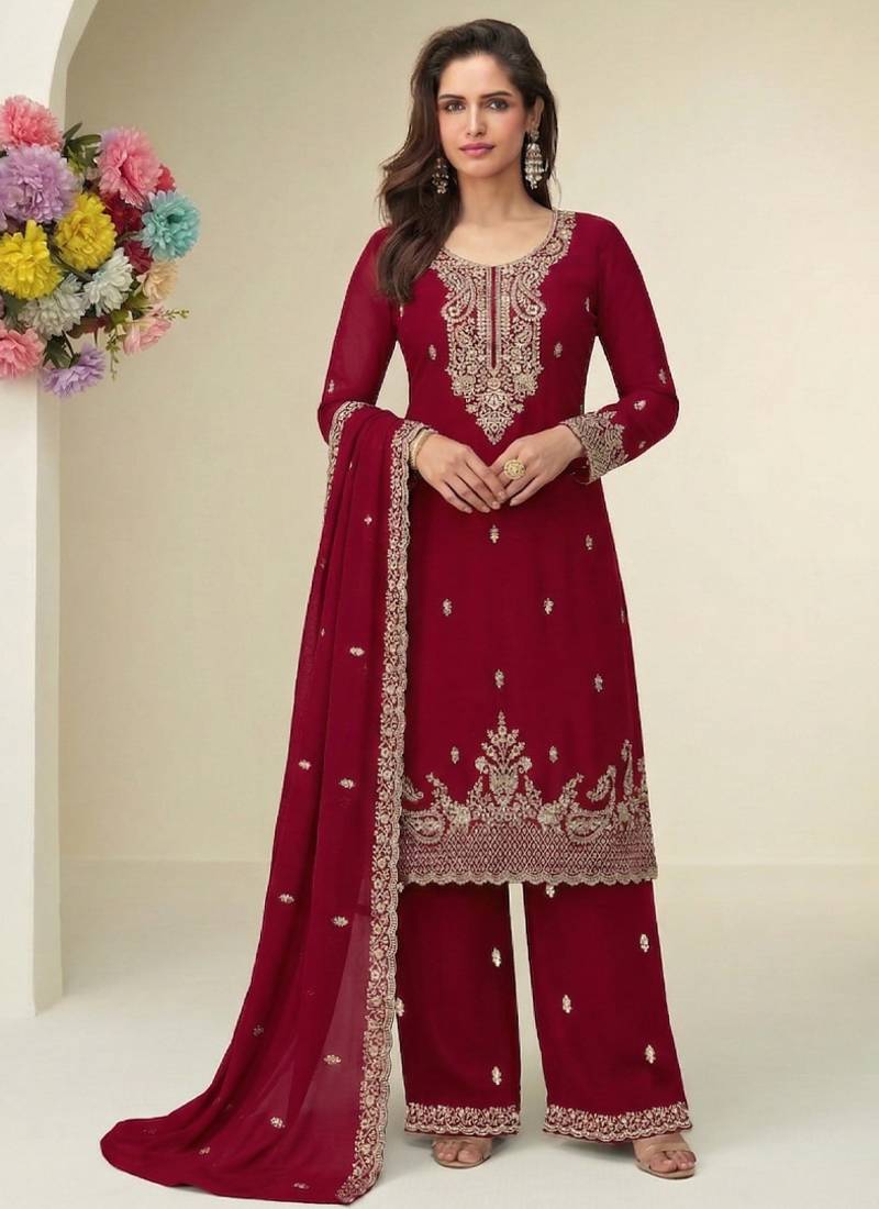 Dark pink georgette fancy suit for women heavy embroidery