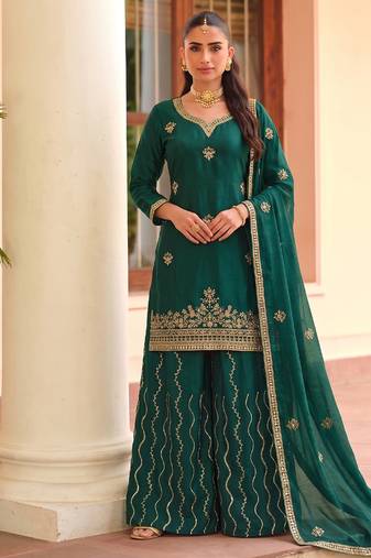 Green ethnic wear ready made chinon suit for women