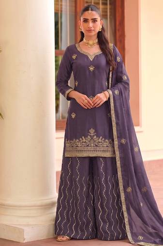 Lilac ethnic wear ready made chinon suit for women