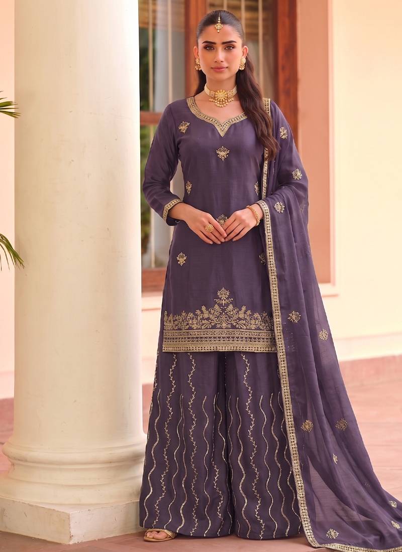 Lilac ethnic wear ready made chinon suit for women