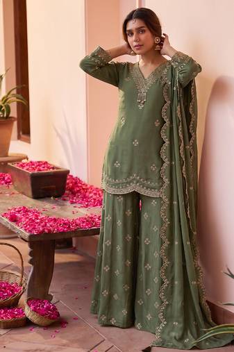 Roman silk pallazo suit for women wedding wear green