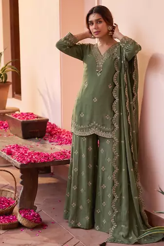 Roman silk pallazo suit for women wedding wear green