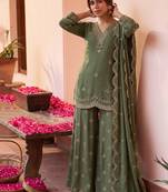 green embroidered roman silk palazzo suit for wedding wear