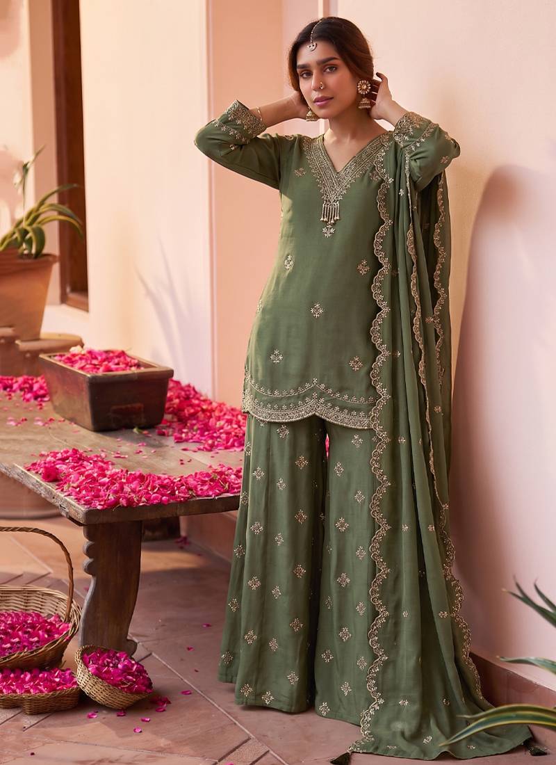 Roman silk pallazo suit for women wedding wear green