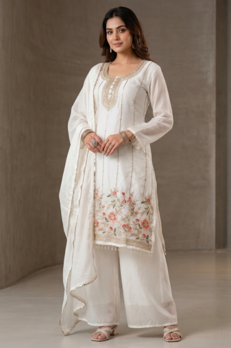 White embroidery work fandi silk top & plazzo with dupatta