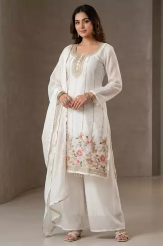 White embroidery work fandi silk top & plazzo with dupatta