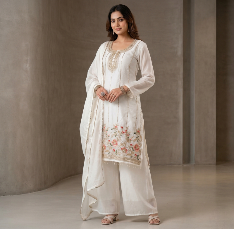 White embroidery work fandi silk top & plazzo with dupatta