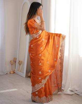 Women elegant woven design saree with embroidered lace border 2