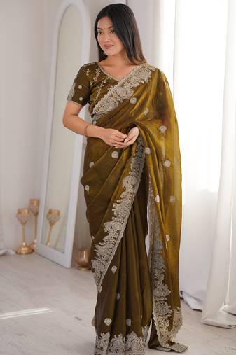 mehendi woven embroidered silk saree