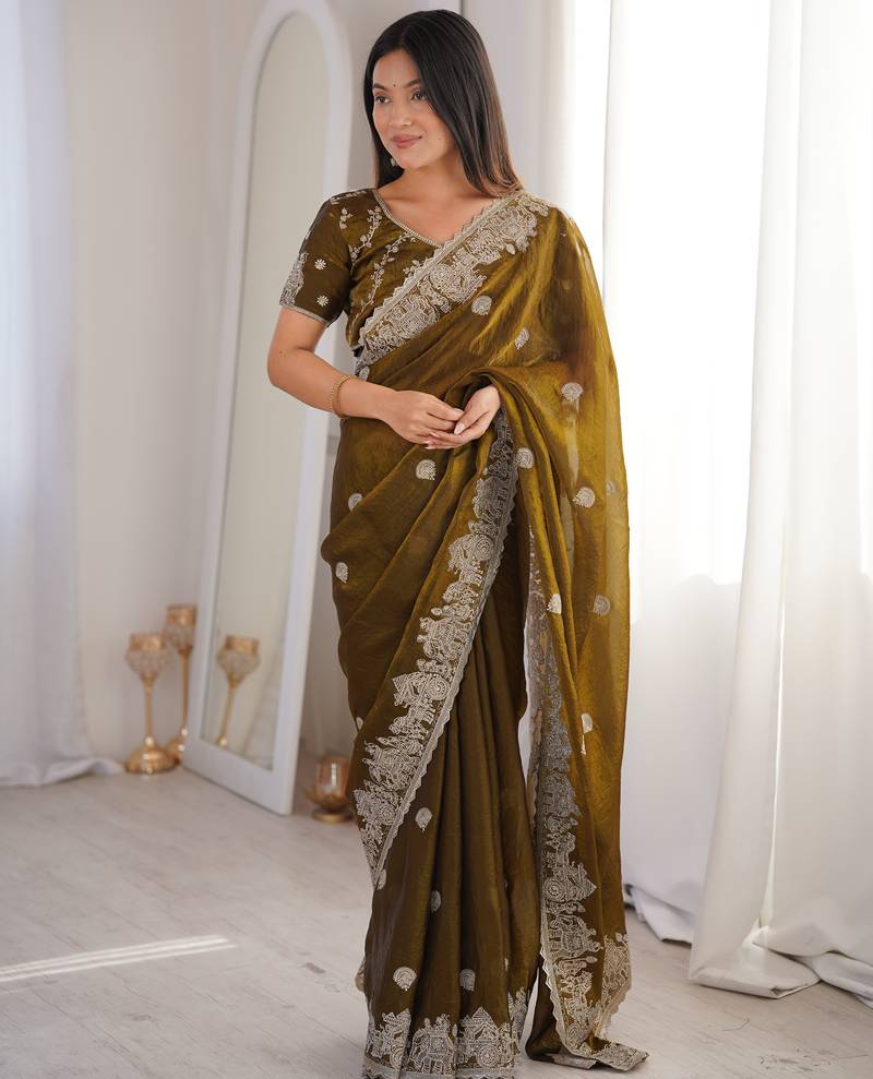 mehendi woven embroidered silk saree
