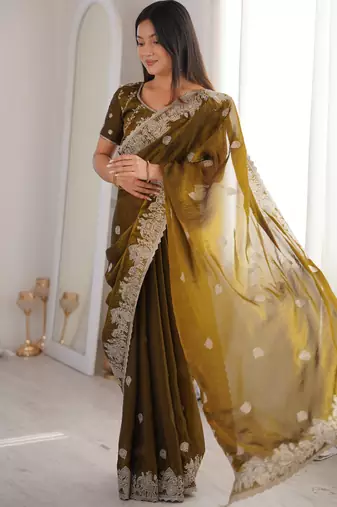 mehendi woven embroidered silk saree