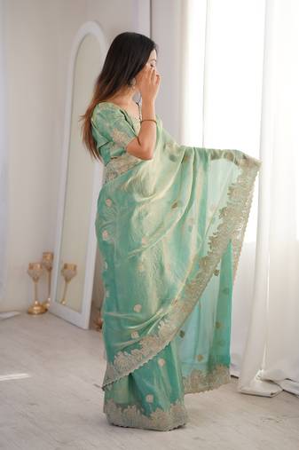 sea green woven embroidered silk saree