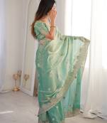 sea green woven embroidered silk saree