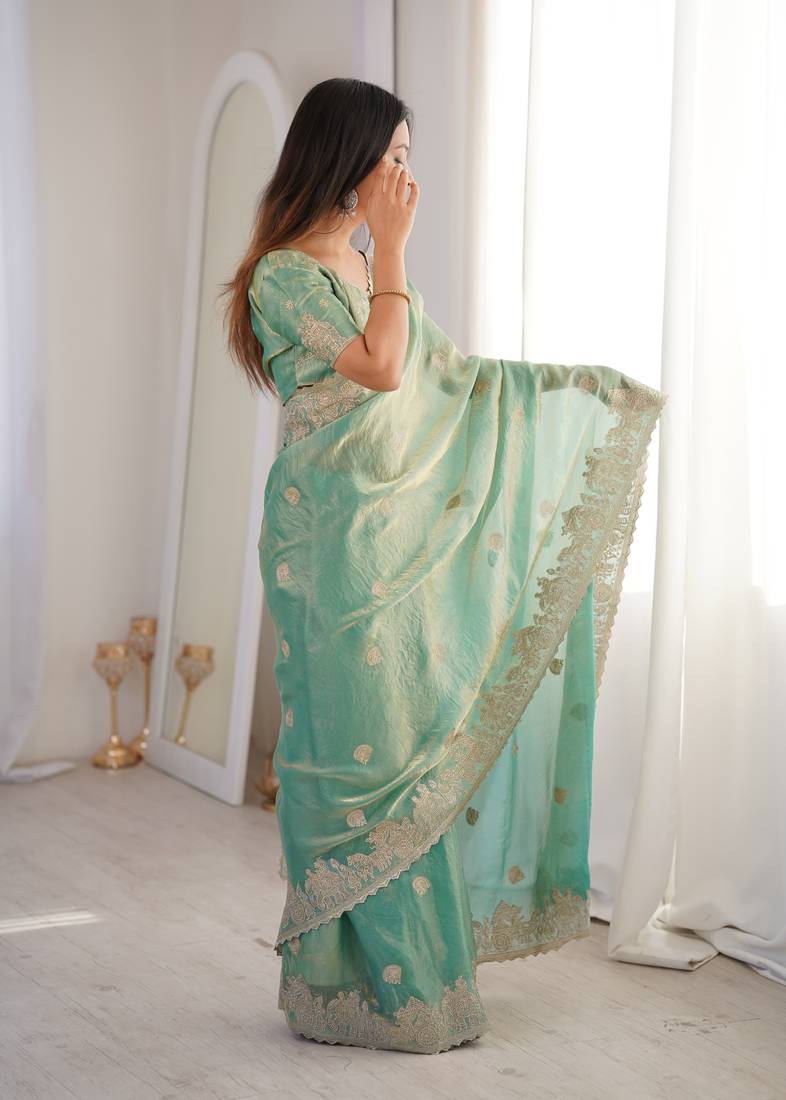 sea green woven embroidered silk saree