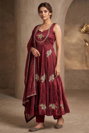 Gorgeous maroon fendy silk embroidery sequence work anarkali suit set with dupatta