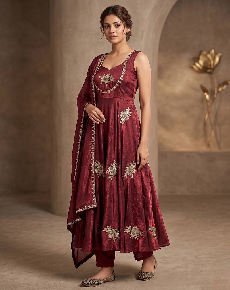 Gorgeous maroon fendy silk embroidery sequence work anarkali suit set with dupatta