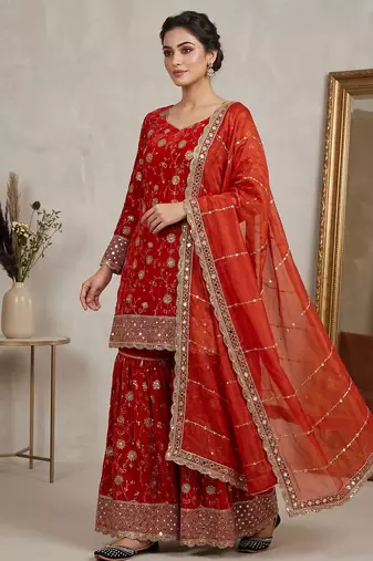 Designer rust orange floral embroidered festive suit set