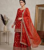 rust orange silk embroidered festive salwar suit set