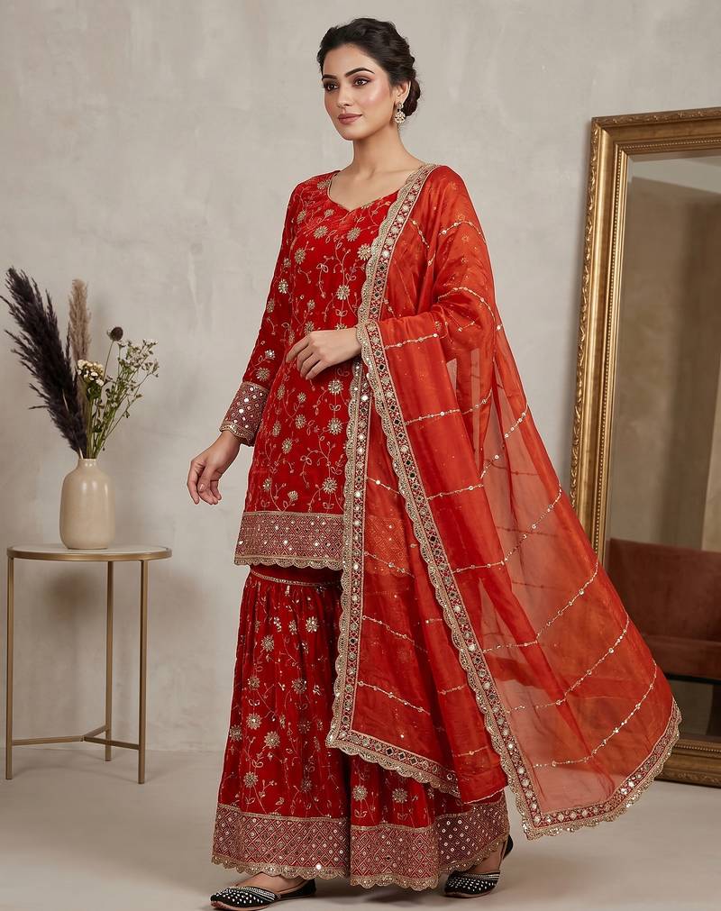 Designer rust orange floral embroidered festive suit set