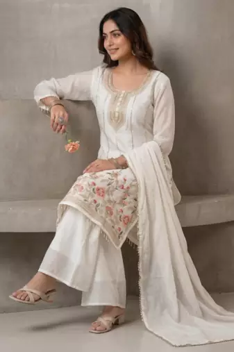 white fandi silk embroidered top and palazzo set with dupatta