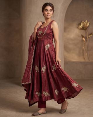 maroon embroidered silk anarkali suit 2