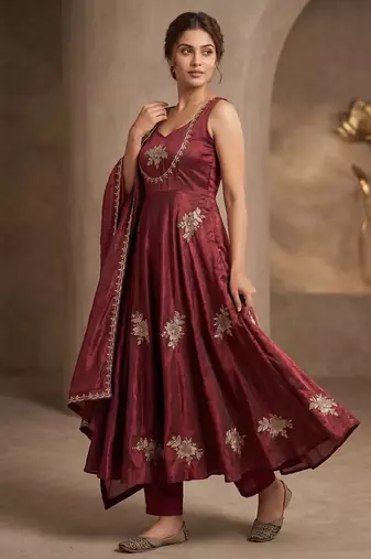 maroon embroidered silk anarkali suit