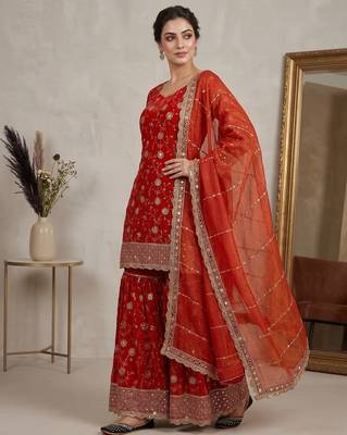 rust orange silk embroidered festive salwar suit set 2