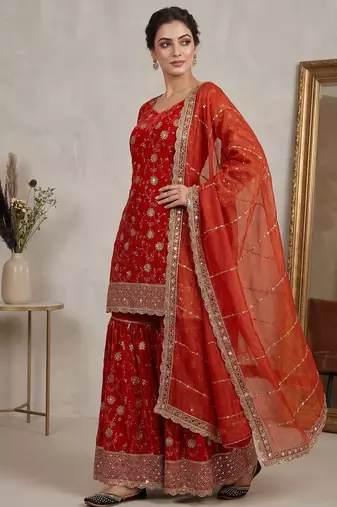 rust orange silk embroidered festive salwar suit set