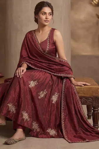 maroon embroidered silk anarkali suit