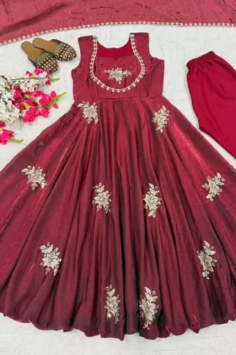 maroon embroidered silk anarkali suit