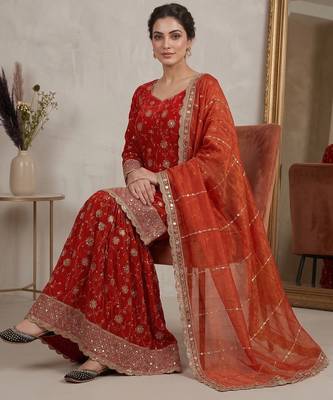 rust orange silk embroidered festive salwar suit set 3