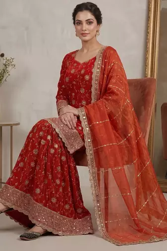 rust orange silk embroidered festive salwar suit set