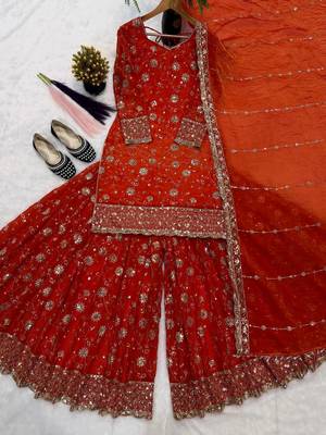 rust orange silk embroidered festive salwar suit set 4