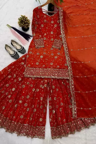rust orange silk embroidered festive salwar suit set