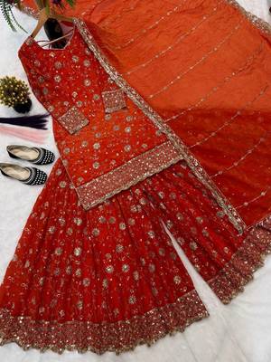 rust orange silk embroidered festive salwar suit set 5